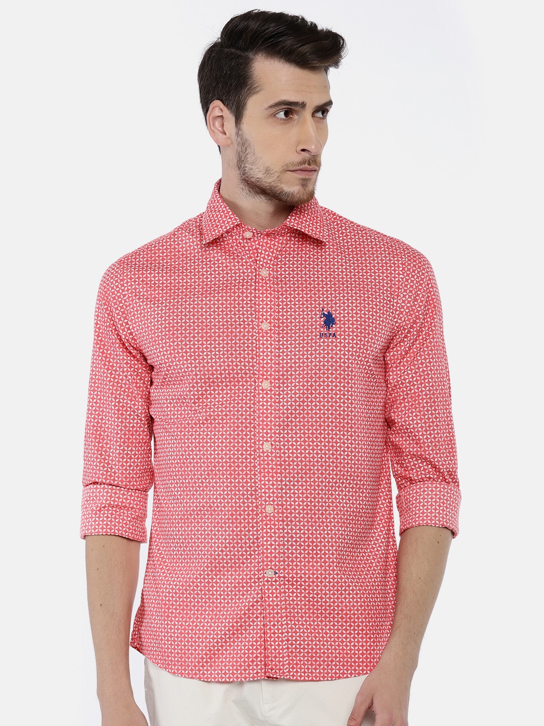 

U.S. Polo Assn. Men Coral Pink Tailored Fit Printed Casual Shirt