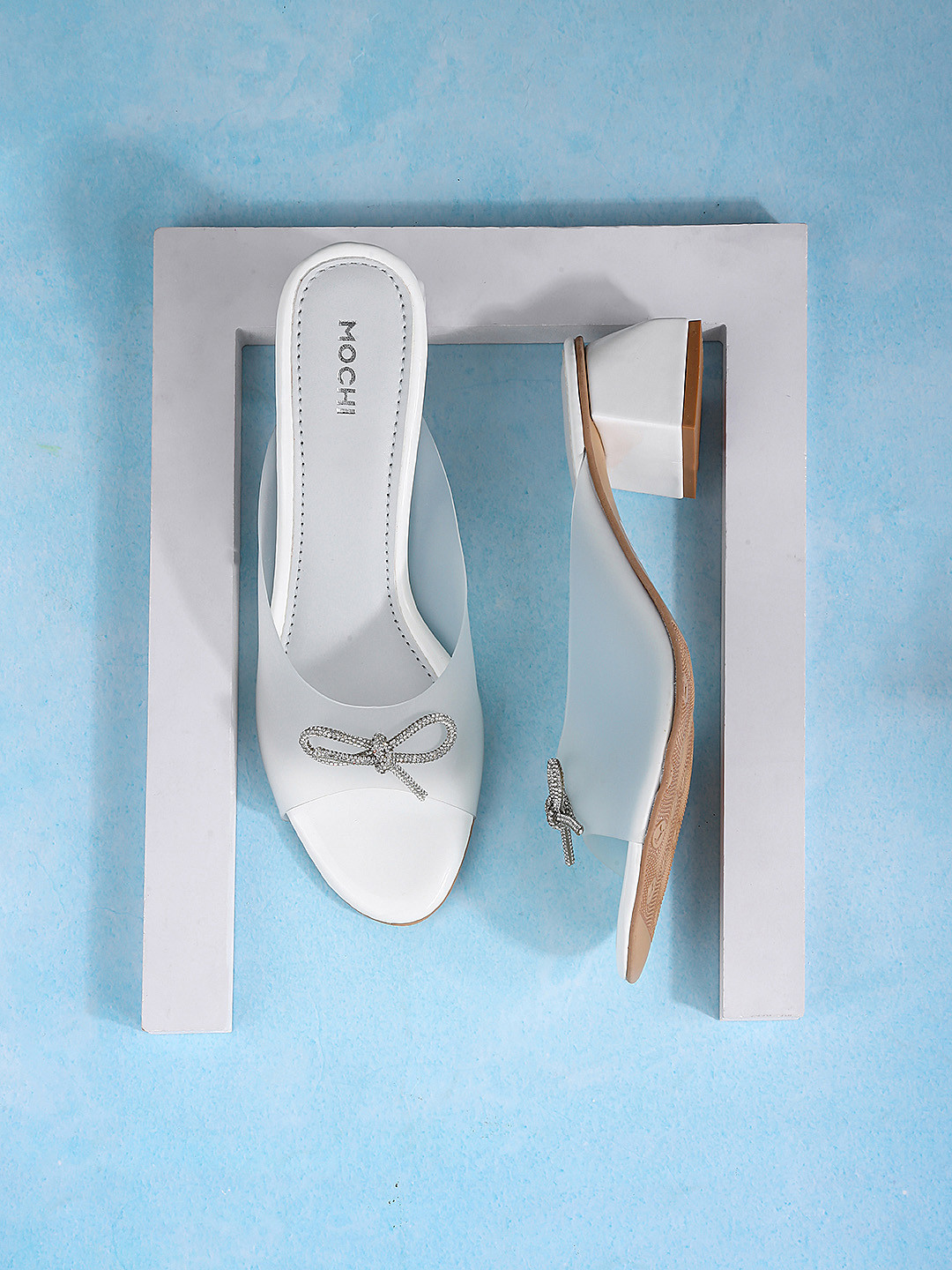 

Mochi Open Toe Block Heels With Bows, White