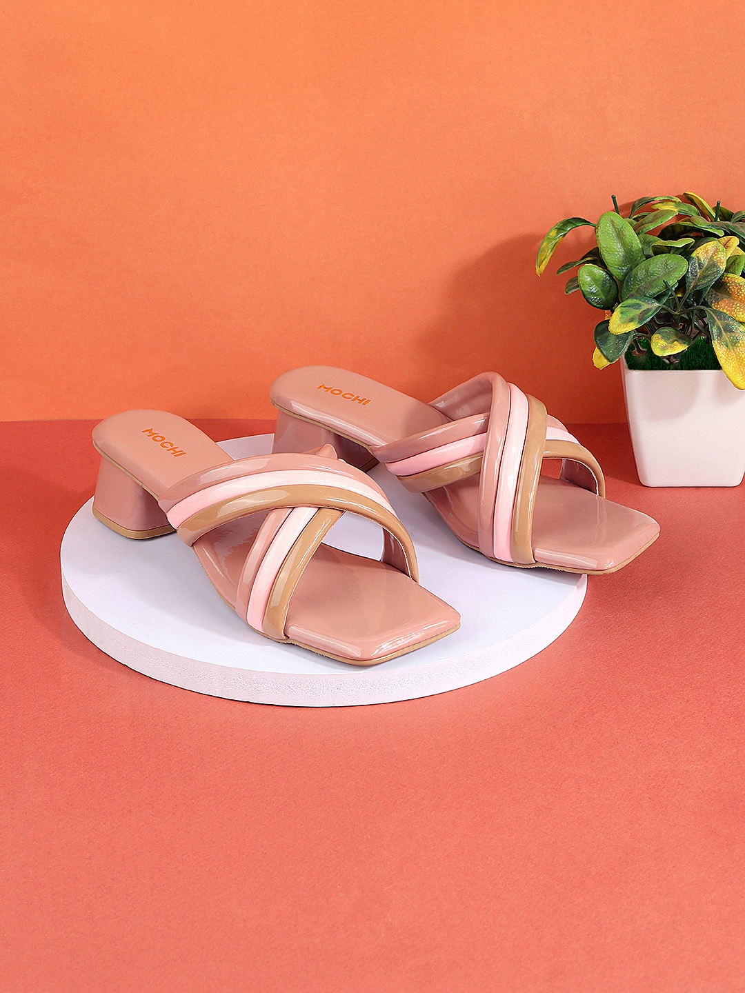

Mochi Textured Cross Strap Open Toe Block Heels, Peach
