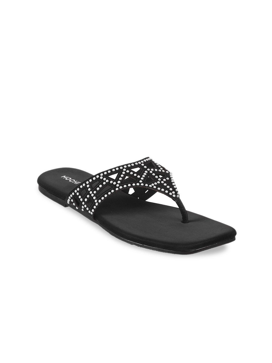 

Mochi Embellished Open Toe Flats With Laser Cuts, Black