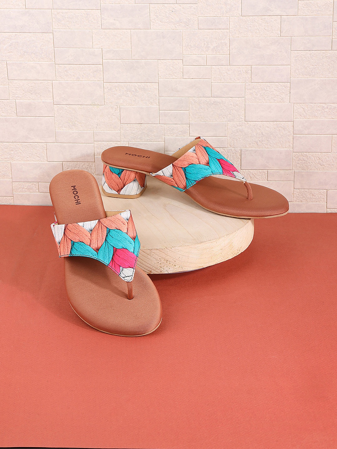 

Mochi Printed Open Toe Block Heels, Beige