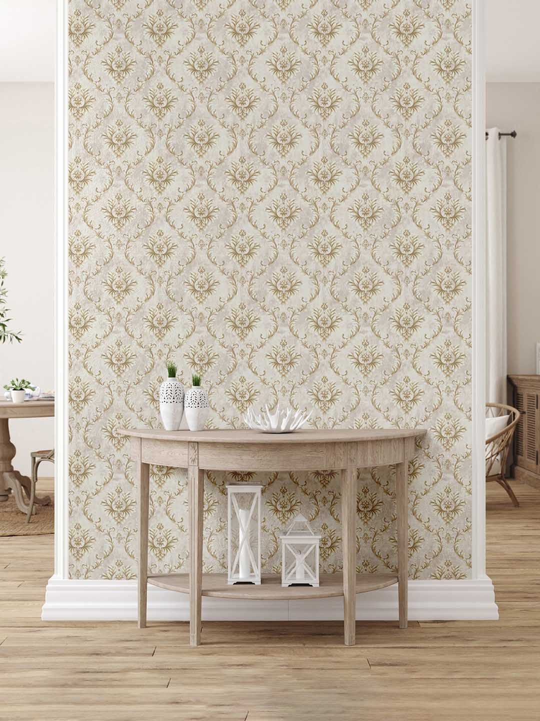 

Asian Paints ezyCR8 Damask Leaf Chain Gold Non Adhesive Wallpaper(53x 950cm), Cream