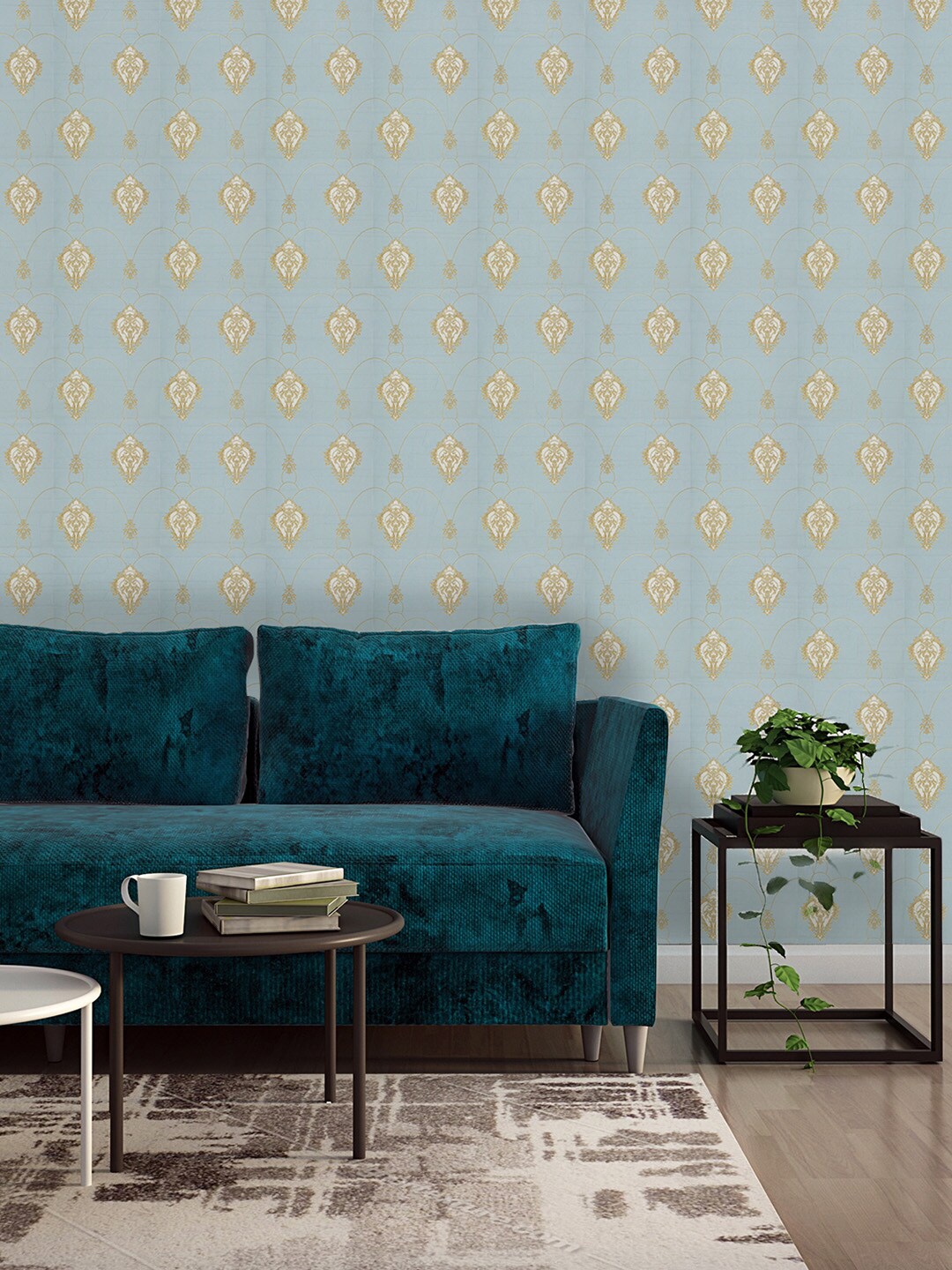 

Asian Paints ezyCR8 Damask Chains Southern Sky Non Adhesive Wallpaper for Home(53x950cm), Blue