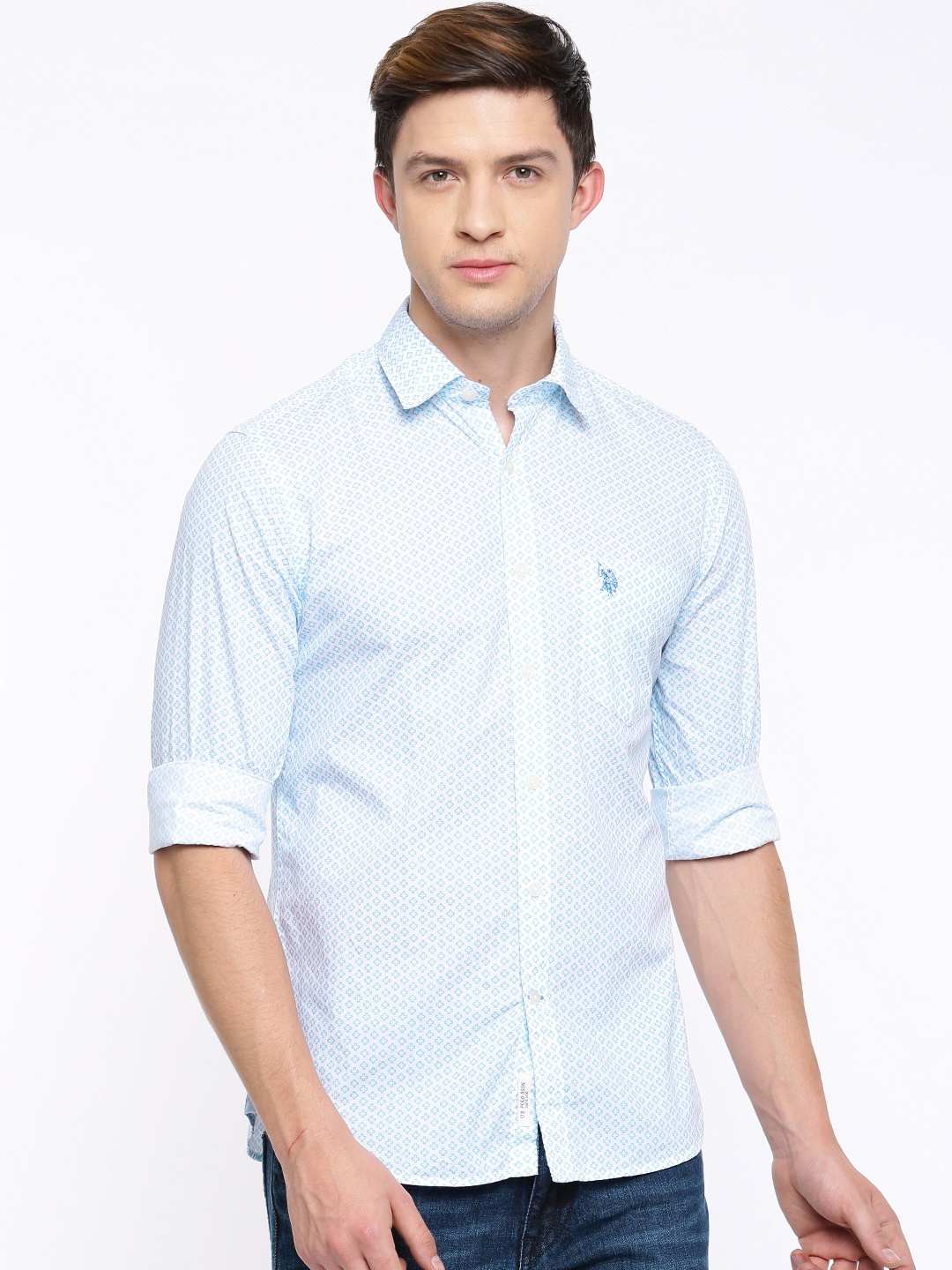 

U.S. Polo Assn. Men White & Blue Tailored Fit Printed Casual Shirt