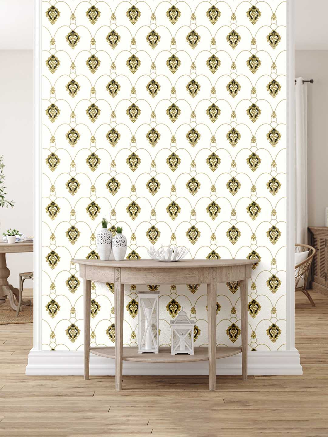 

Asian Paints ezyCR8 Beige Black & Golden Non Adhesive Wallpaper for Home (53x950cm), White