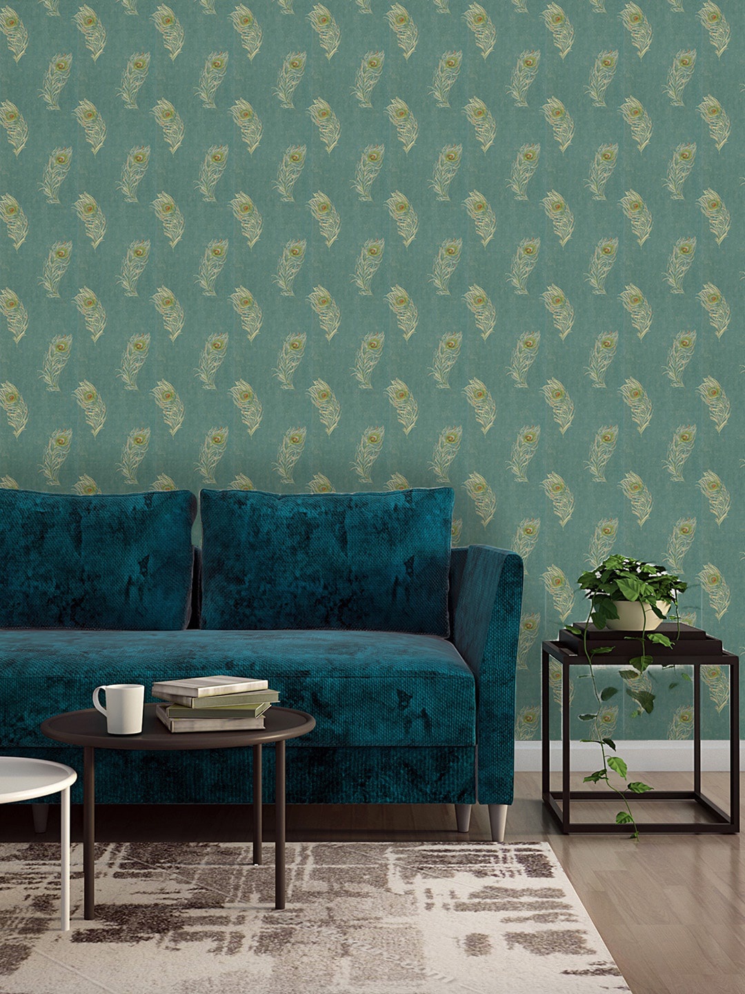 

Asian Paints ezyCR8 Mughal Feather Design Non Adhesive Wallpaper for Home (53x950cm), Blue