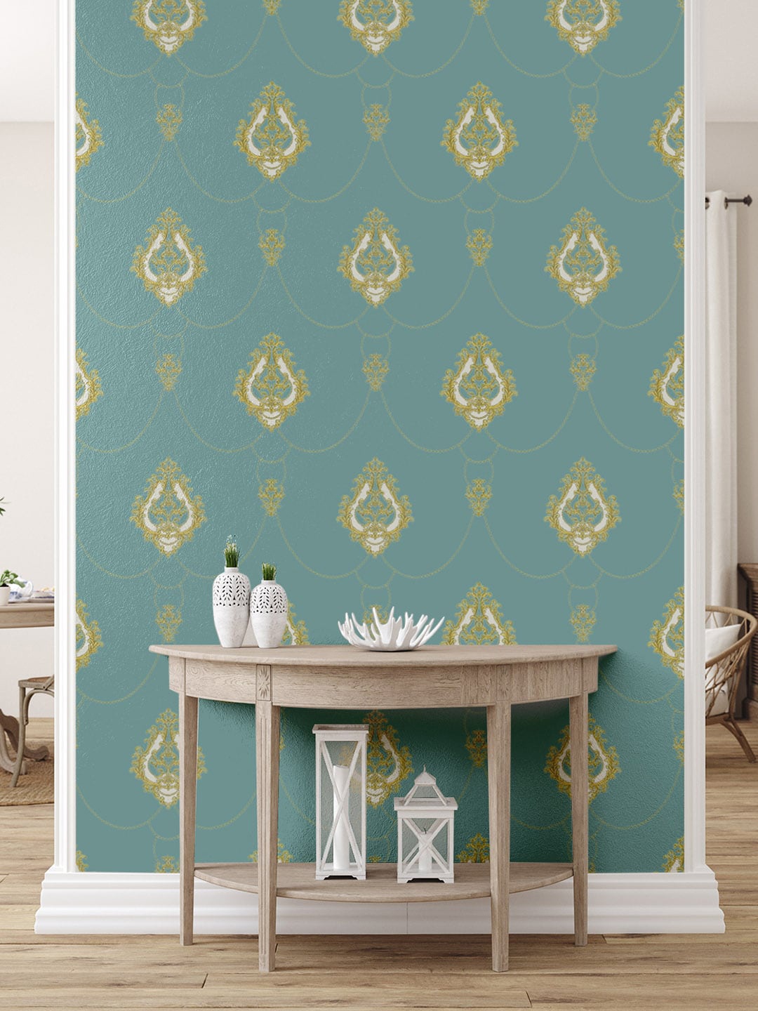 

Asian Paints ezyCR8 Damask Chains Sea Green Non Adhesive Wallpaper for Home (53 x 950cm)