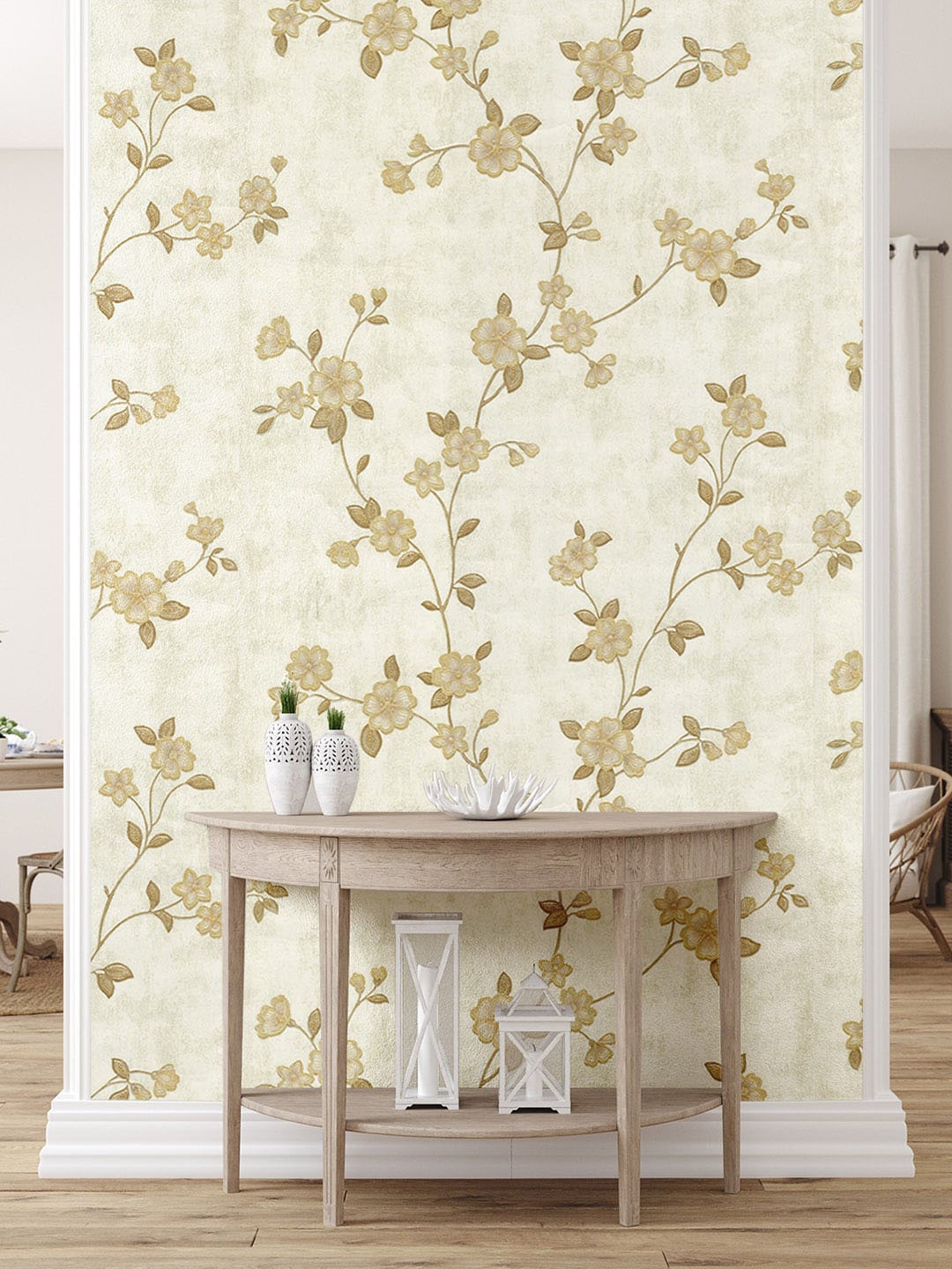 

Asian Paints ezyCR8 Fast Breeze Golden Floral Non Adhesive Wallpaper (53 x 950cm), Beige