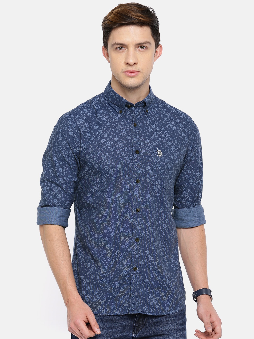 

U.S. Polo Assn. Men Blue Tailored Fit Printed Casual Shirt