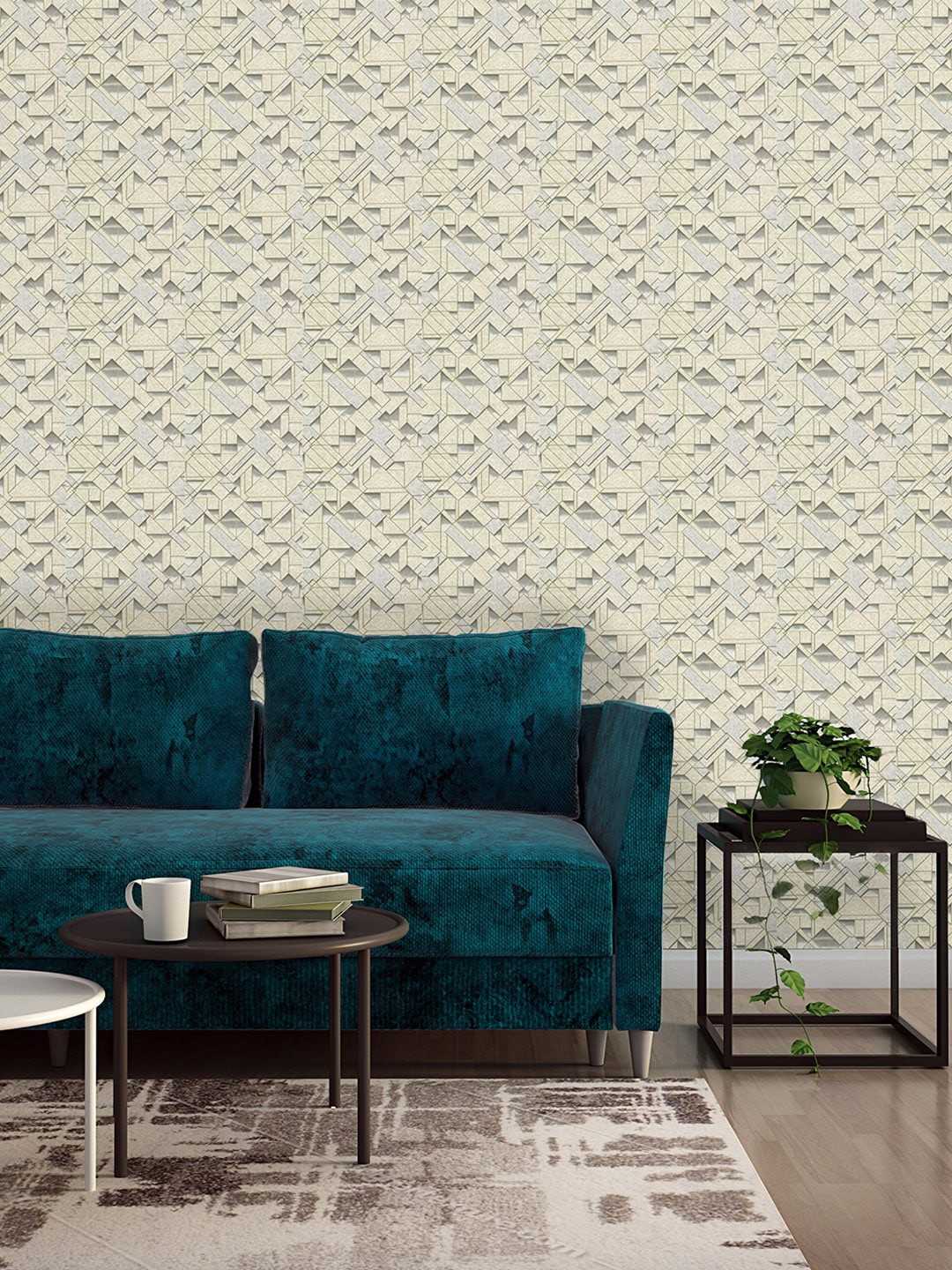 

Asian Paints ezyCR8 Embossed Silver Gemotric Line Design Non Adhesive Wallpaper(53x950cm), Beige