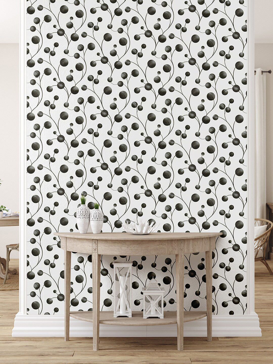 

Asian Paints ezyCR8 Circle Leaf Black Non Adhesive Wallpaper (53x 950cm), Grey