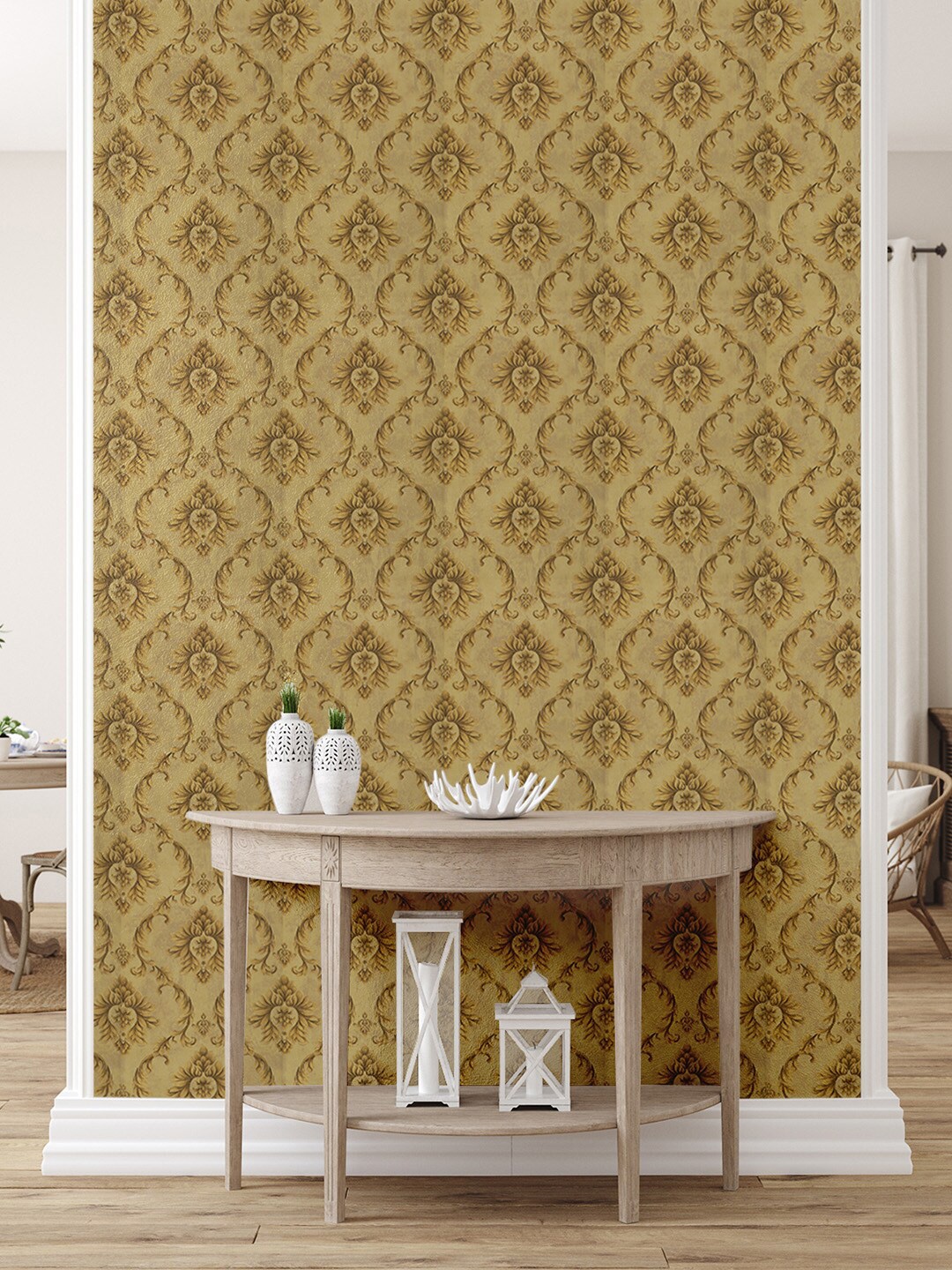 

Asian Paints ezyCR8 Damask Leaf Chain Yellow Golden Non Adhesive Wallpaper (53x950cm), Beige