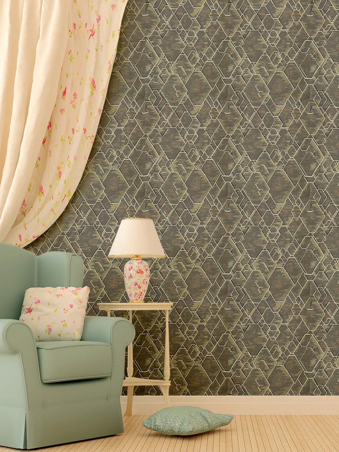 

Asian Paints ezyCR8 Hexagon Grey Non Adhesive Wallpaper (53cm x 950cm), Olive