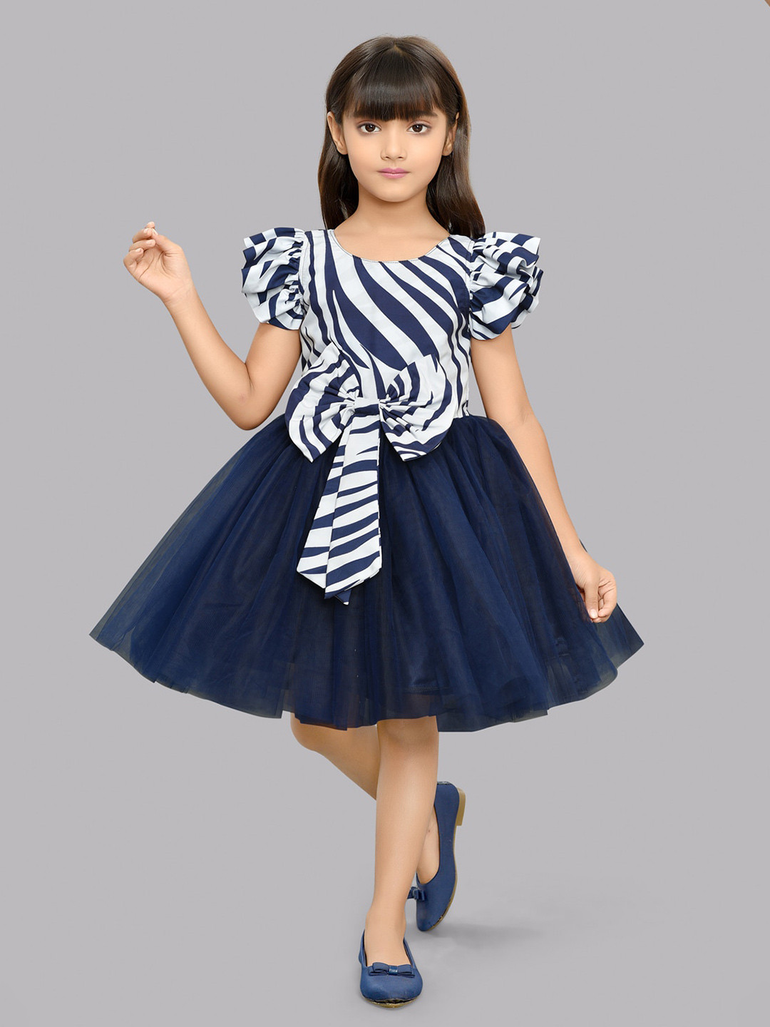 

Pink Chick Girls Striped Flutter Sleeves Net Fit & Flare Party Dress, Navy blue