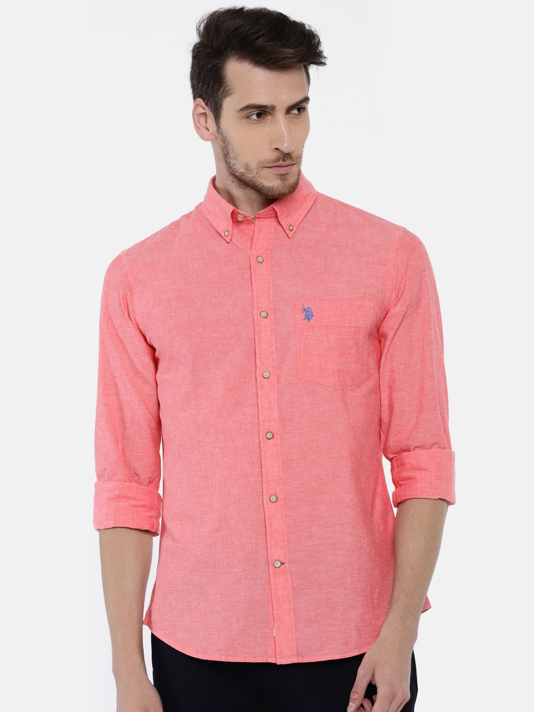 U.S. Polo Assn. Men Pink Tailored Fit Solid Casual Shirt