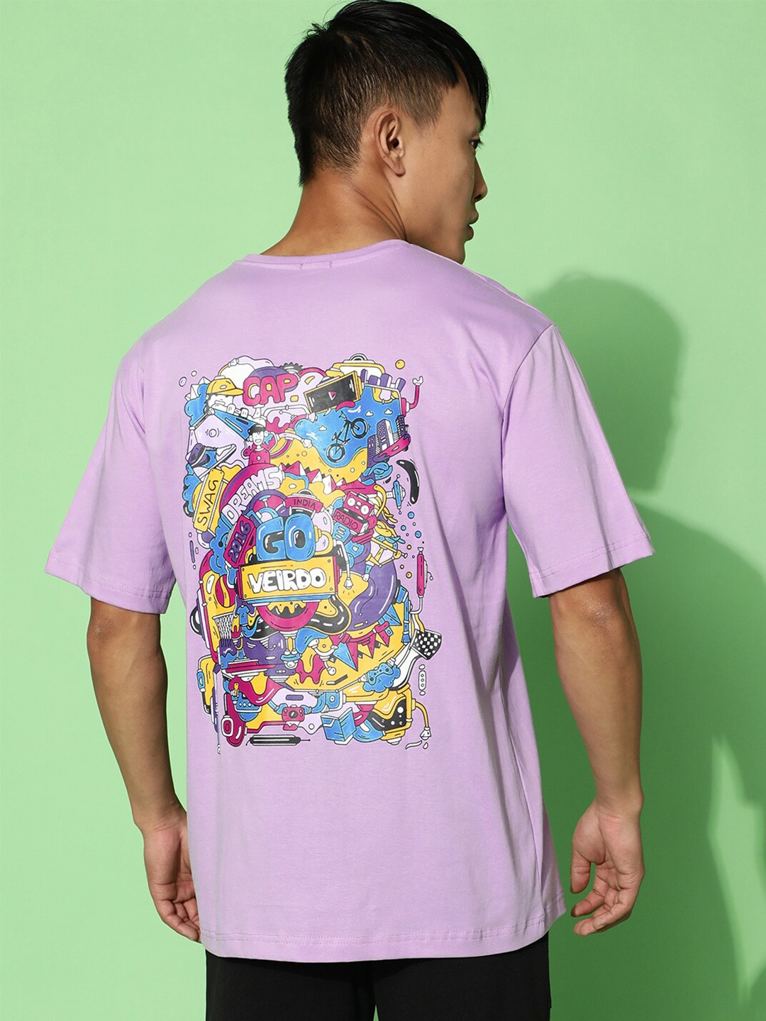 

VEIRDO Purple Typography Printed Cotton T-shirt