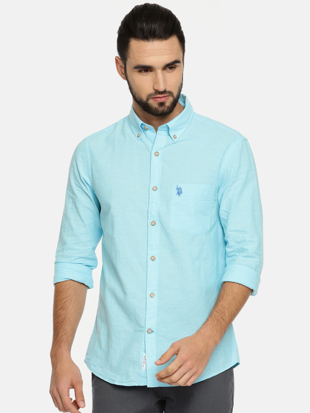 

U.S. Polo Assn. Men Blue Tailored Fit Solid Casual Shirt