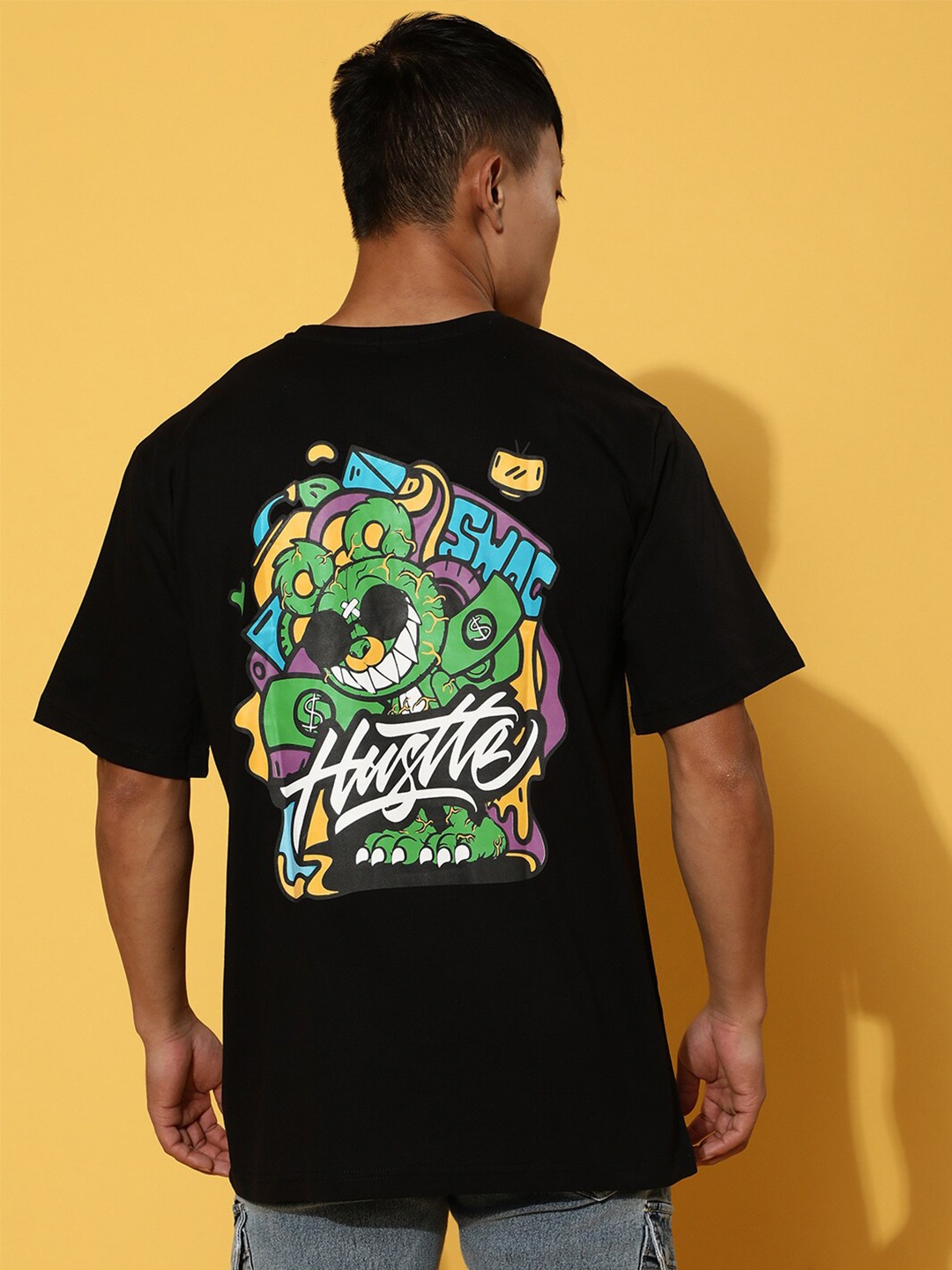 

VEIRDO Black Typography Printed Cotton T-shirt