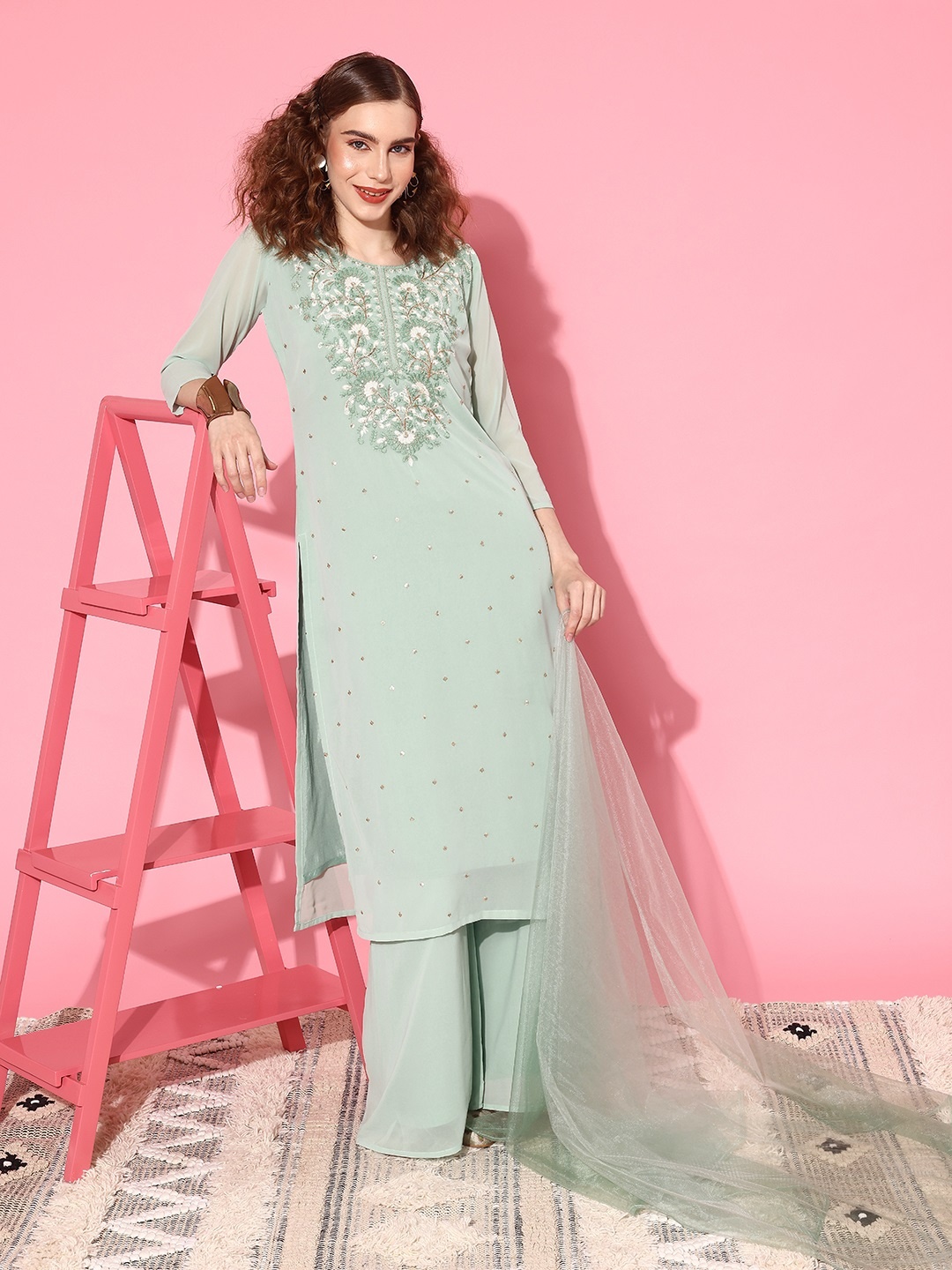 

Kvsfab Women Floral Embroidered Regular Sequinned Kurta with Palazzos & With Dupatta, Turquoise blue