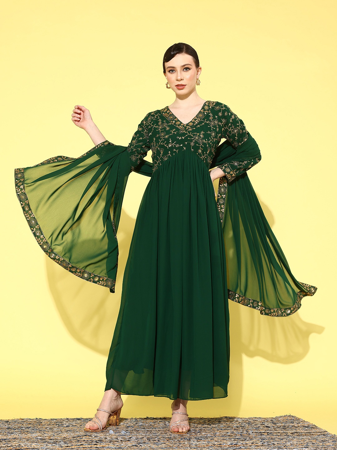 

Kvsfab Floral Embroidered Georgette Fit & Flare Maxi Dress, Green