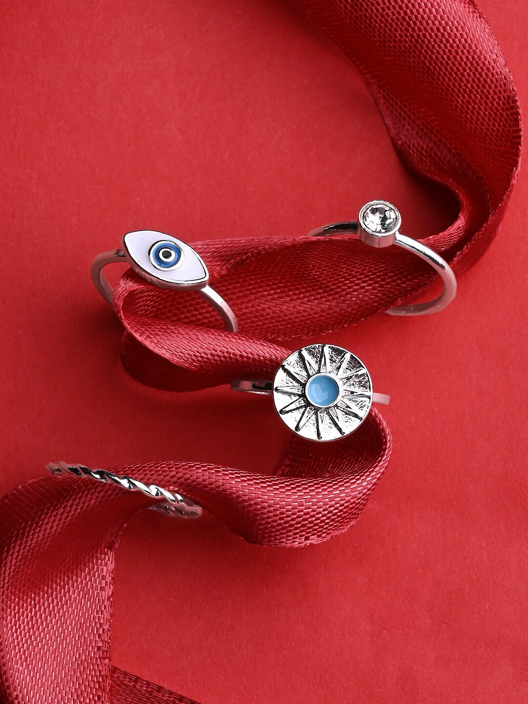 

Accessorize Set Of 4 Silver Plated Stone Studded & Evil Eye Finger Ring