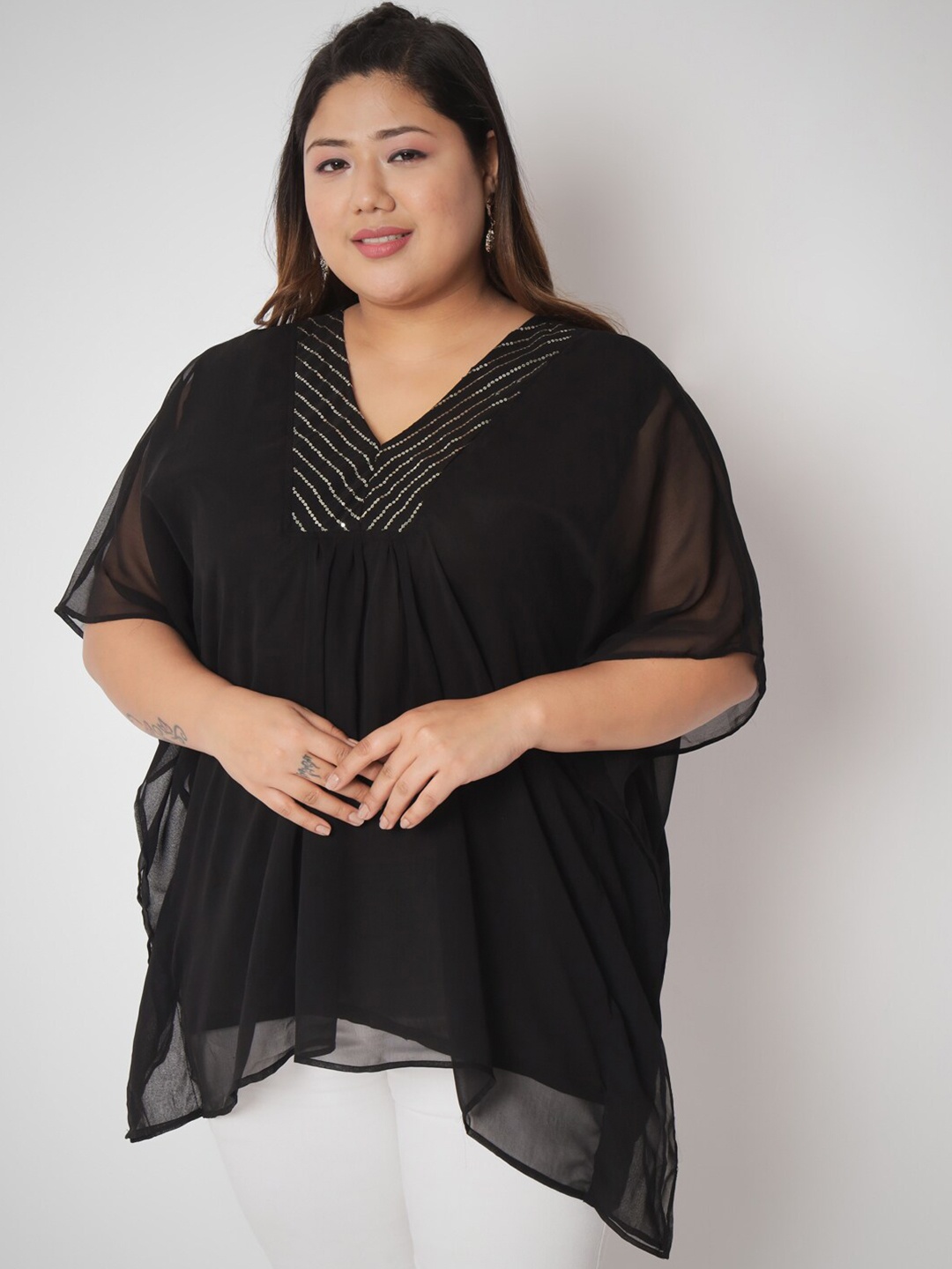 

studio rasa Plus Size Georgette Sequin Embroidered Yoke Kaftan Kurti, Black