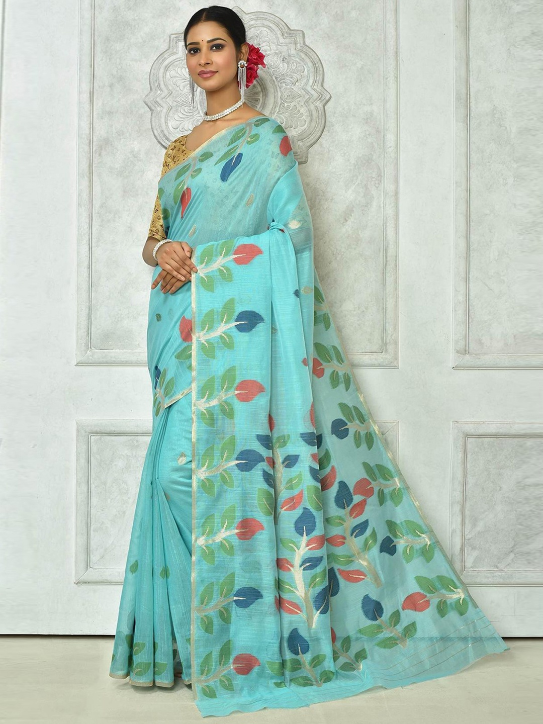 

GAJARAI Floral Woven Design Zari Saree, Turquoise blue