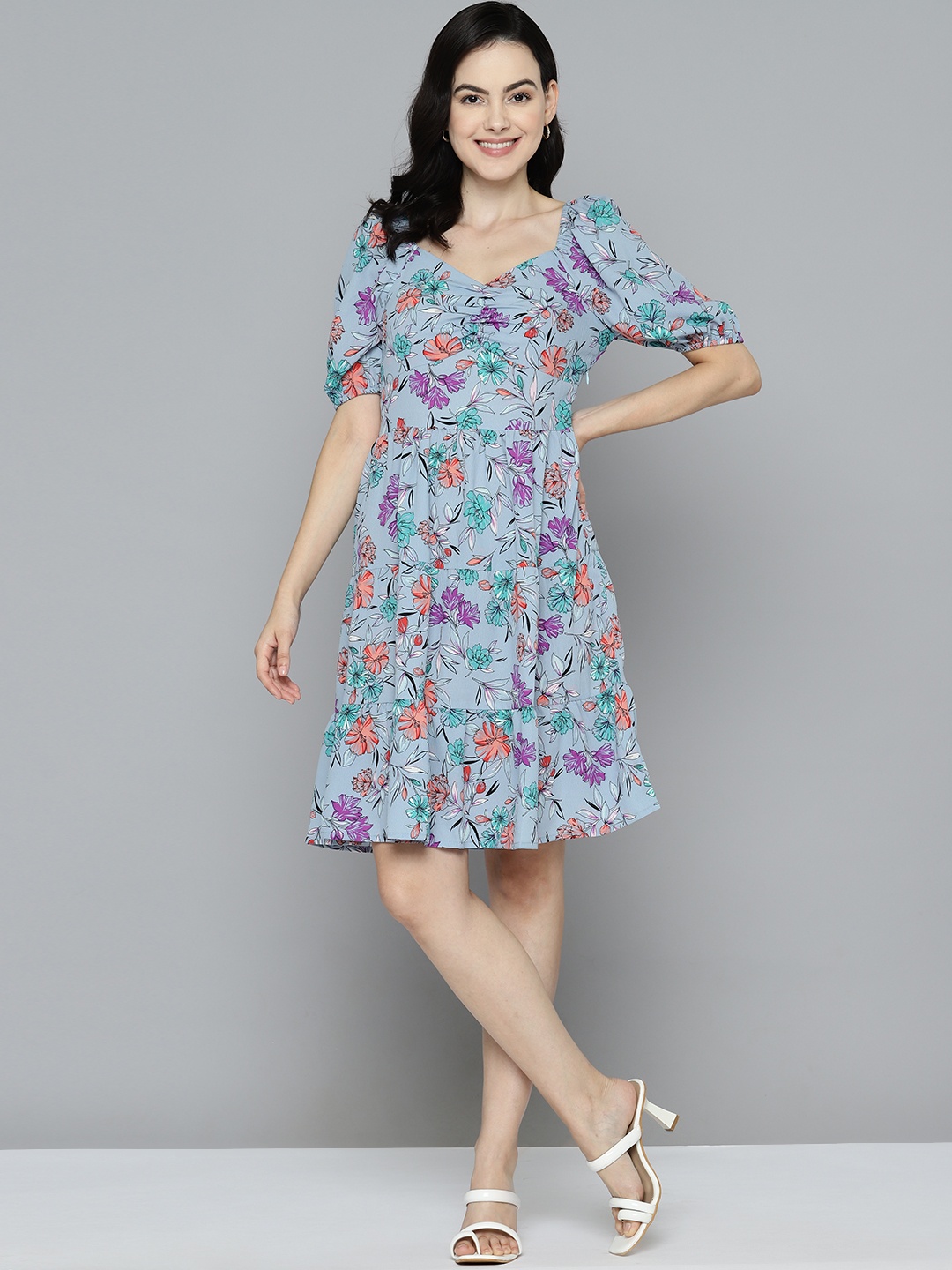 

Mast & Harbour Floral Print Puff Sleeves Crepe A-Line Dress, Blue