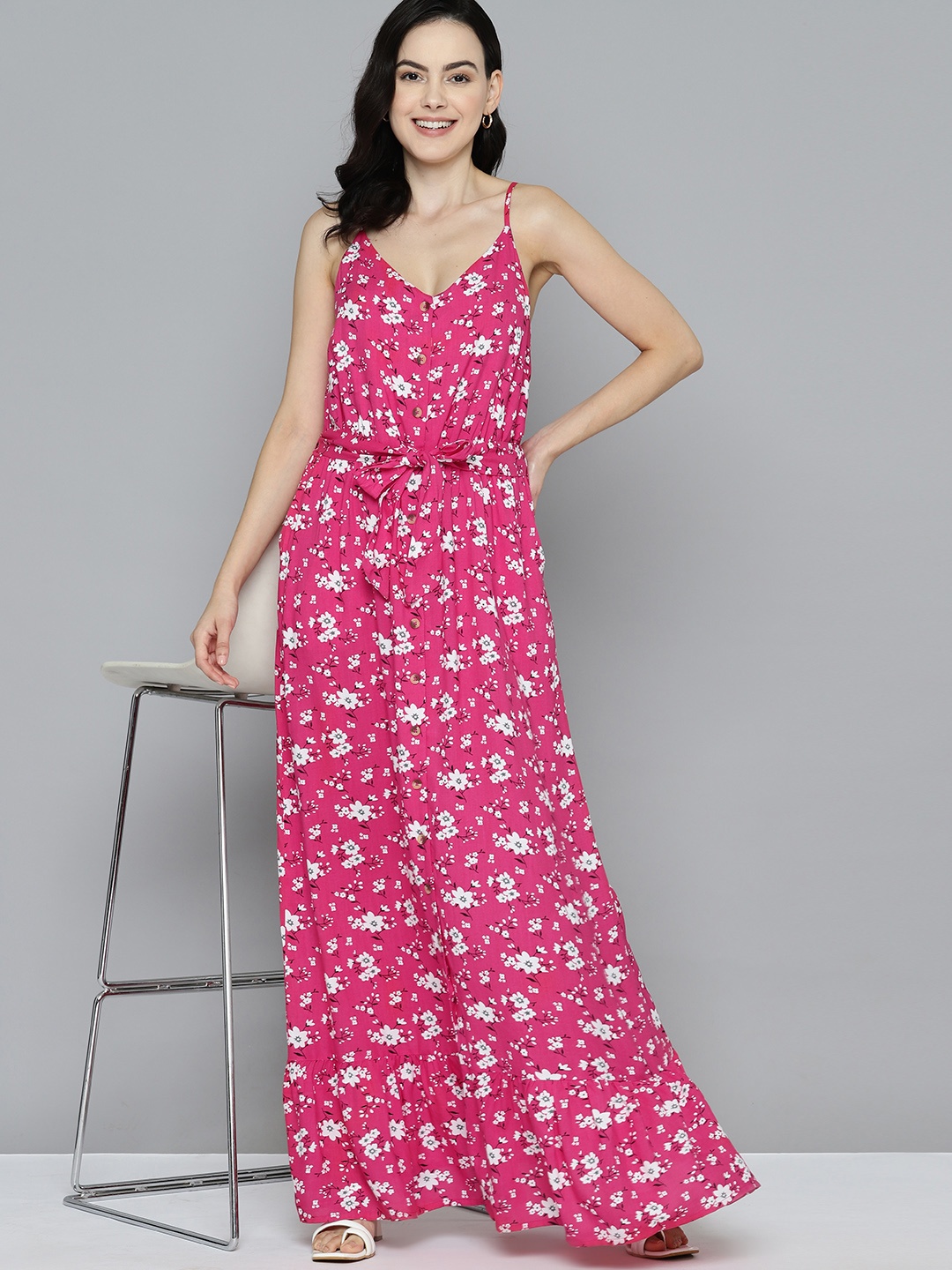 

Mast & Harbour Floral Print Maxi Dress with Belt, Pink