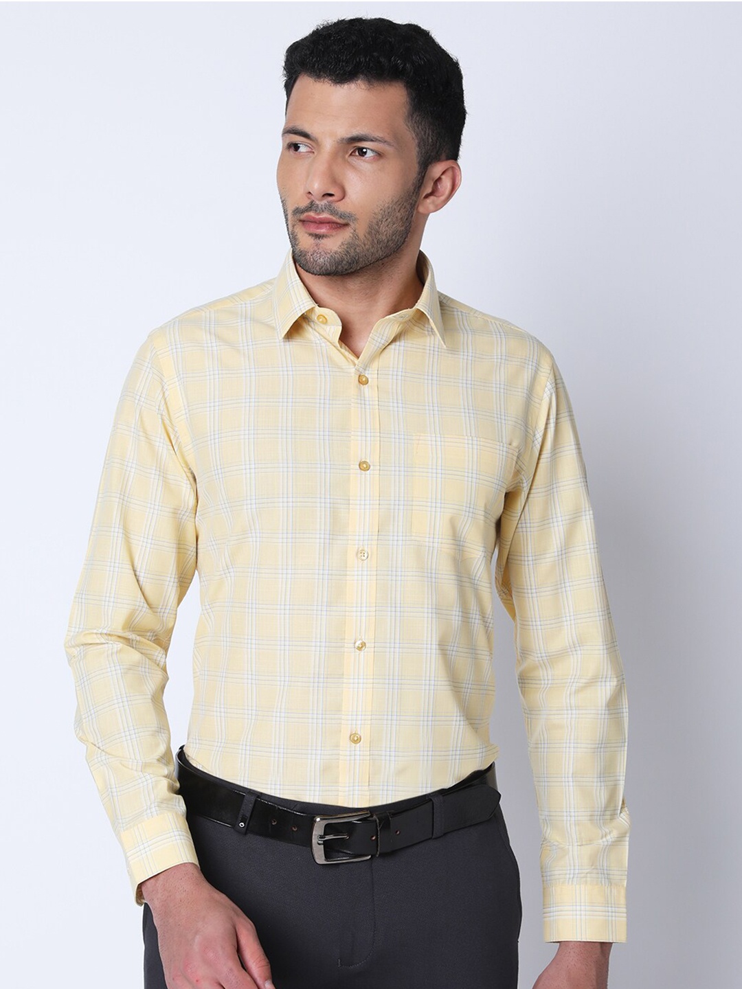 

Oxemberg Men Checked Cotton Classic Slim Fit Opaque Formal Shirt, Yellow