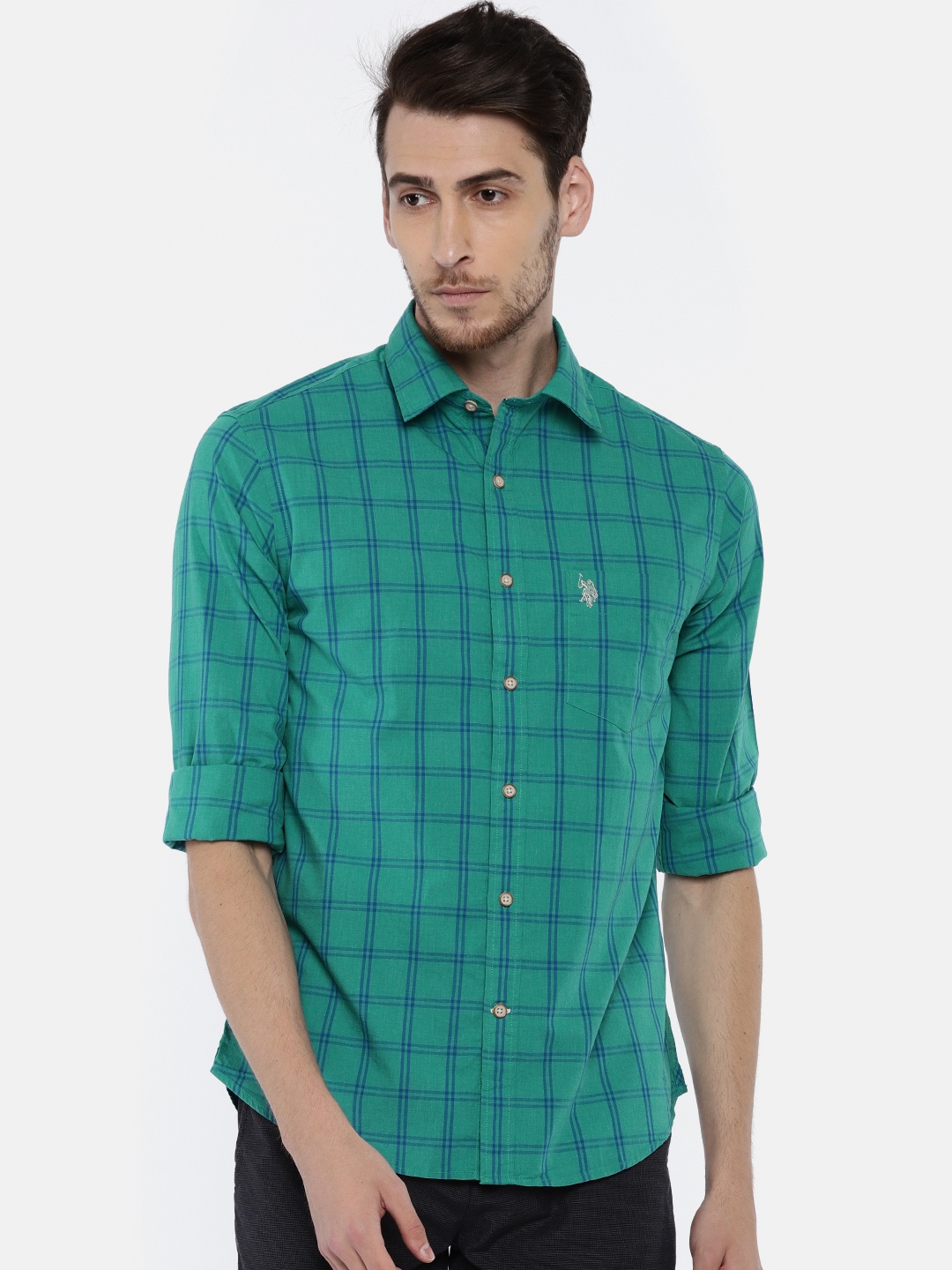 

U.S. Polo Assn. Men Green & Blue Tailored Fit Checked Casual Shirt