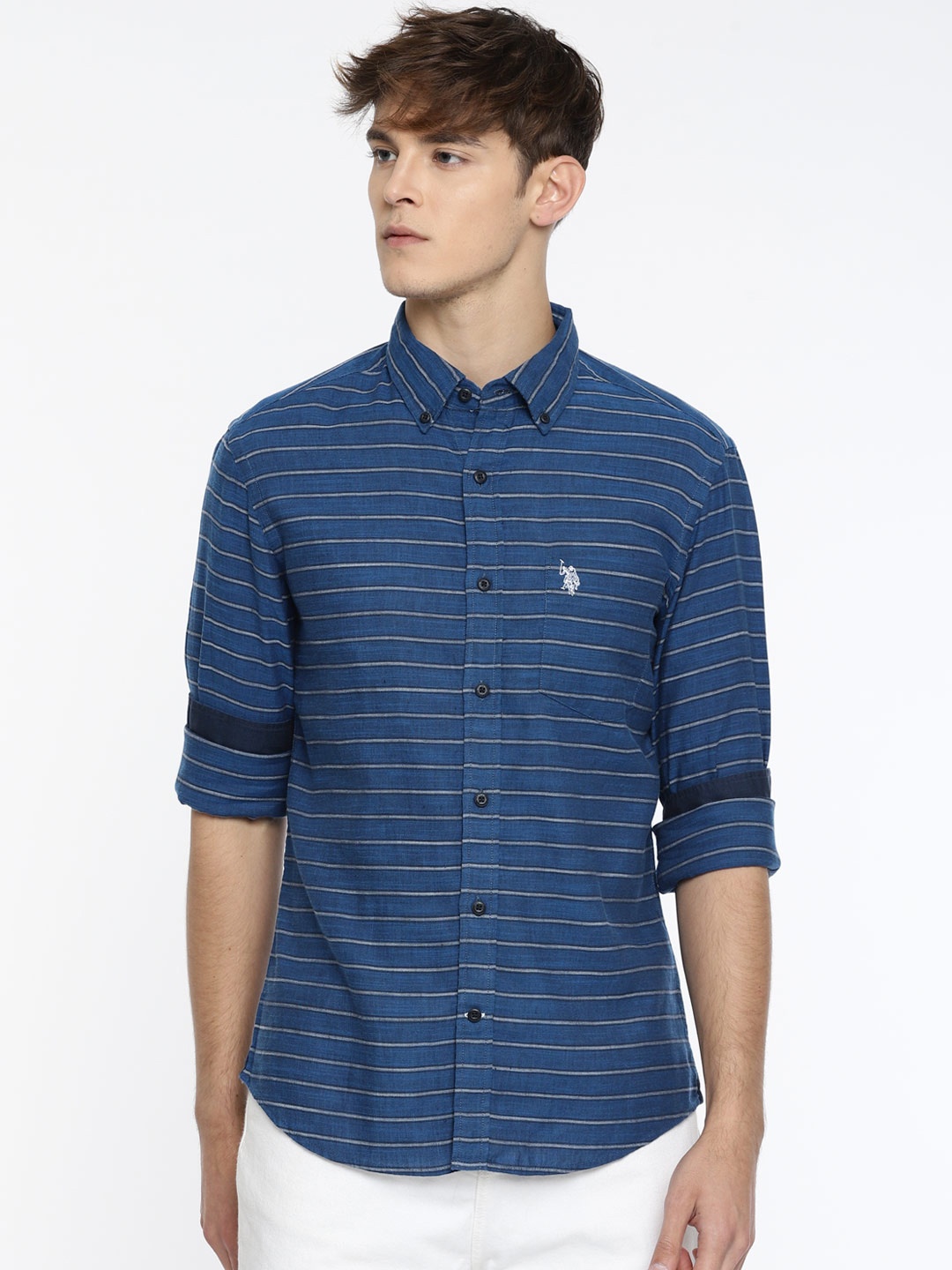 

U.S. Polo Assn. Men Blue Regular Fit Striped Casual Shirt