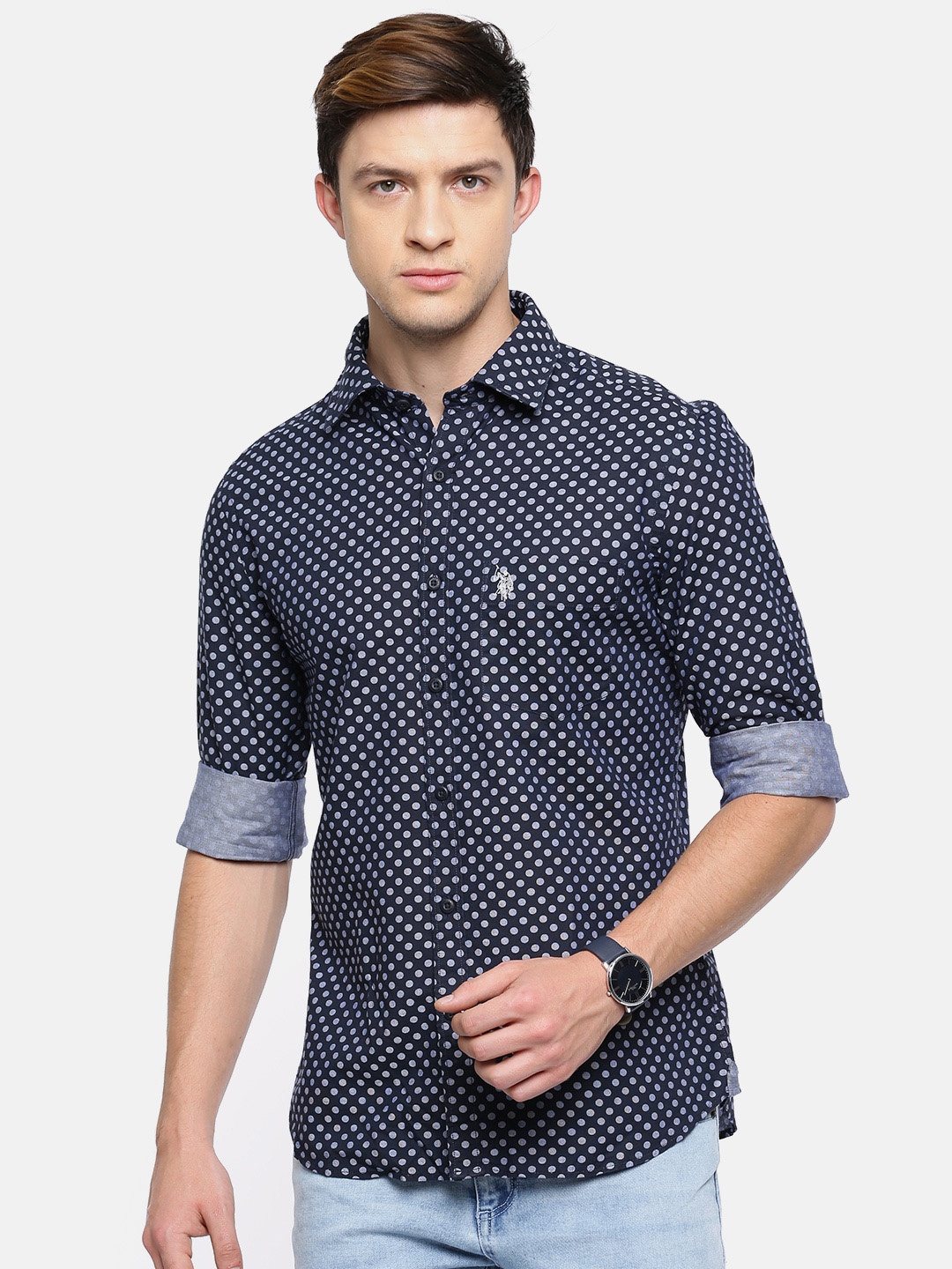 

U.S. Polo Assn. Men Navy Tailored Fit Printed Casual Shirt, Navy blue