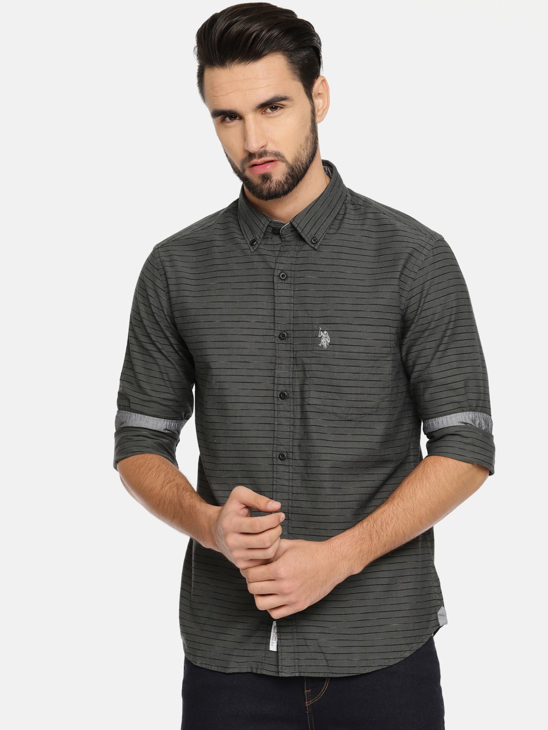 

U.S. Polo Assn. Men Charcoal Grey Tailored Fit Striped Casual Shirt