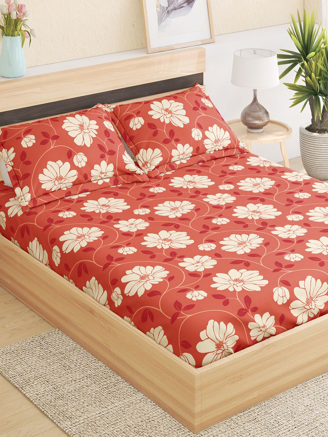 

Home Centre Pacific Juniper Orange Floral 150TC Queen Bedsheet With 2 Pillow Covers