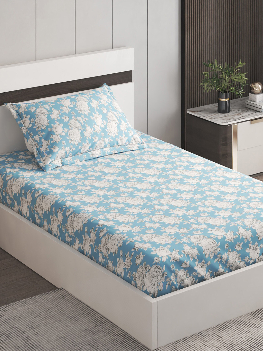 

Home Centre Dallas Blue & White Floral Cotton 144 TC Single Bedsheet With 1 Pillow Cover