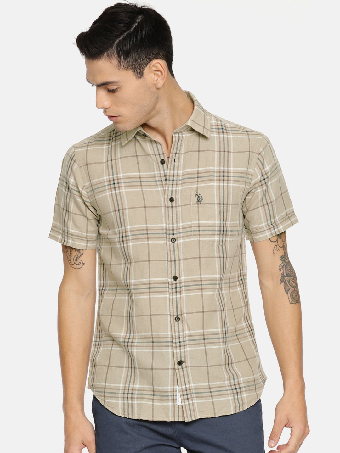 

U.S. Polo Assn. Men Beige Tailored Fit Checked Casual Shirt