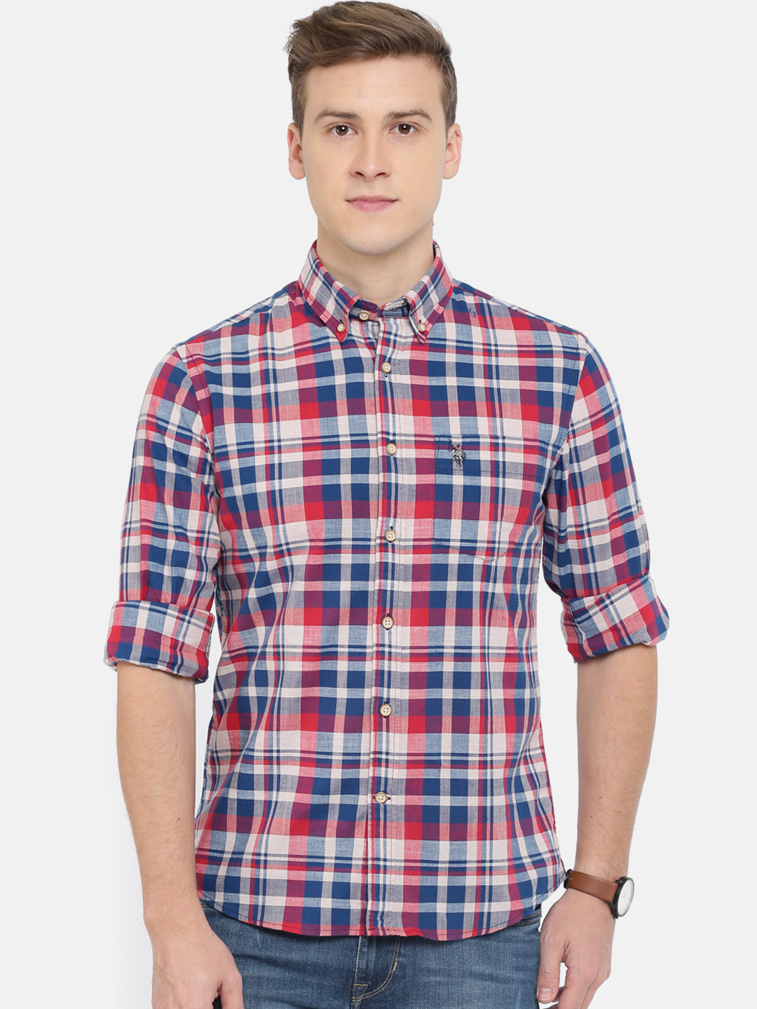 

U.S. Polo Assn. Men Red & Navy Blue Tailored Fit Checked Casual Shirt