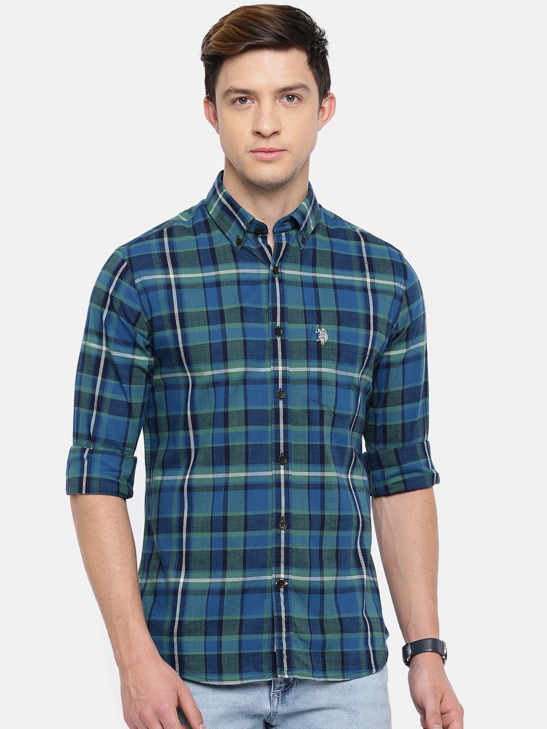 

U.S. Polo Assn. Men Blue & Green Tailored Fit Checked Casual Shirt