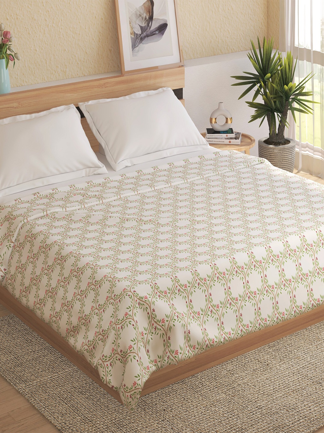 

Home Centre Green & White Ethnic Motifs Summer 120 GSM Cotton Double Bed Dohar