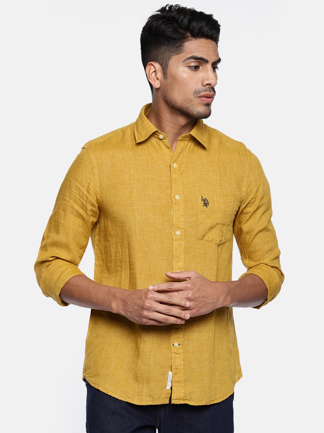 

U.S. Polo Assn. Men Mustard Yellow Linen Tailored Fit Solid Casual Shirt