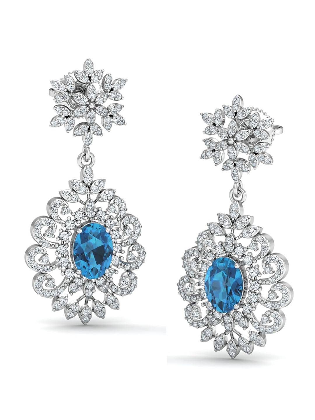 

KUBERBOX 18KT White Gold Diamond-Studded & Topaz Chandelier Drop Earrings- 5.44 gm, Silver