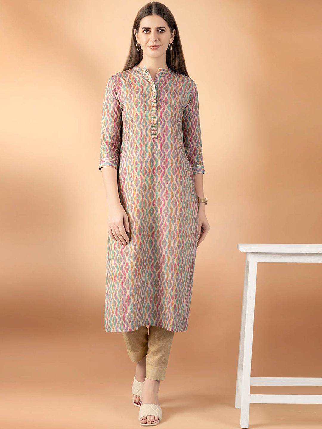 

ODETTE Ethnic Motifs Printed Regular Linen Kurta with Trousers, Beige