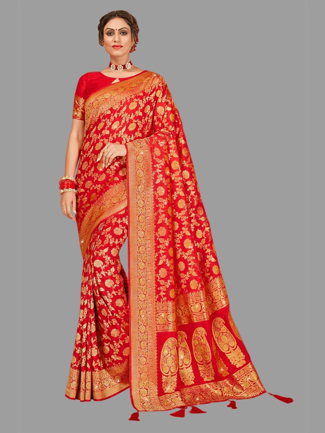 

HASRI Ethnic Motifs Woven Design Zari Pure Silk Banarasi Saree, Red