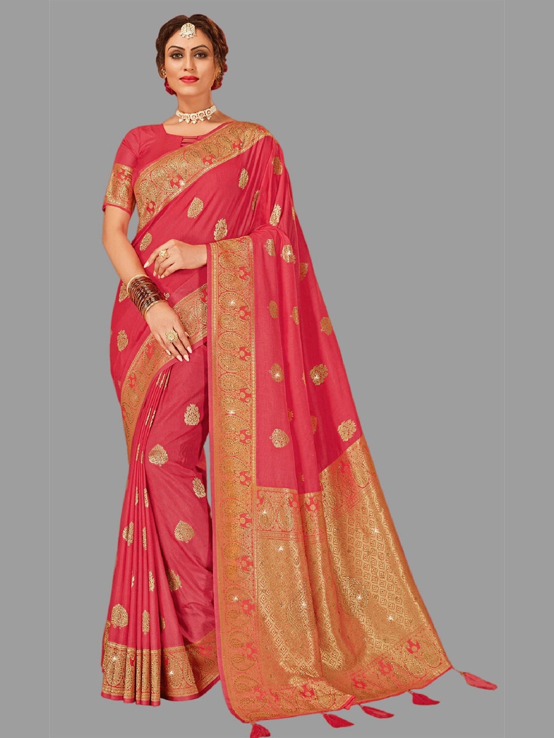 

HASRI Ethnic Motifs Woven Design Zari Pure Silk Banarasi Saree, Coral