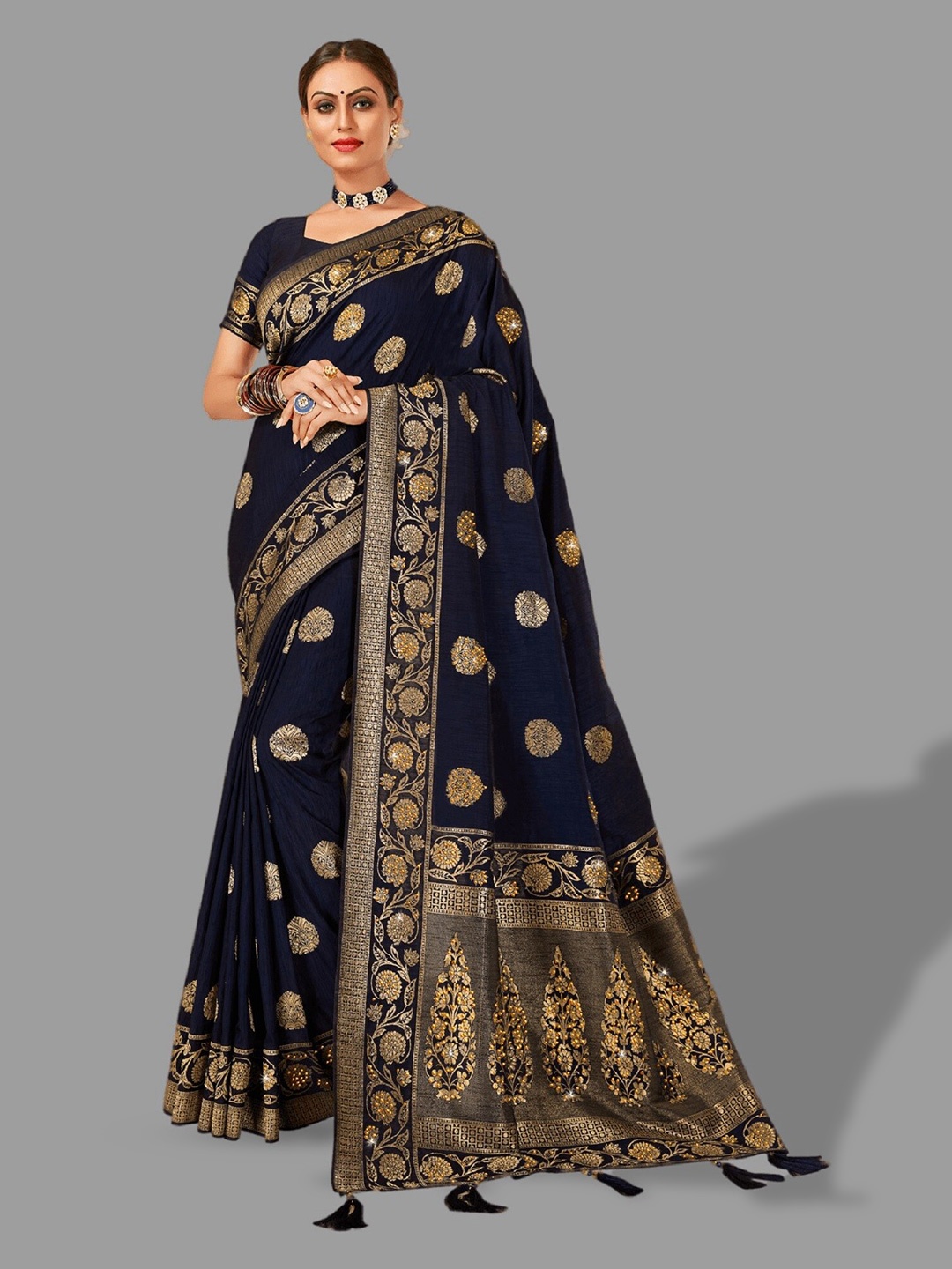 

HASRI Ethnic Motifs Woven Design Zari Pure Silk Banarasi Saree, Black