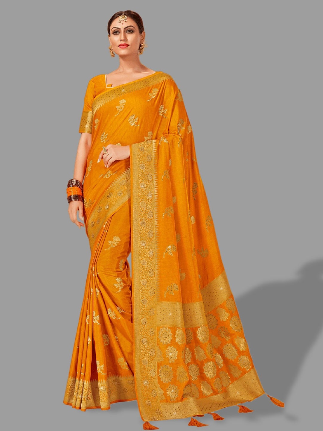 

HASRI Ethnic Motifs Woven Design Zari Pure Silk Banarasi Saree, Yellow