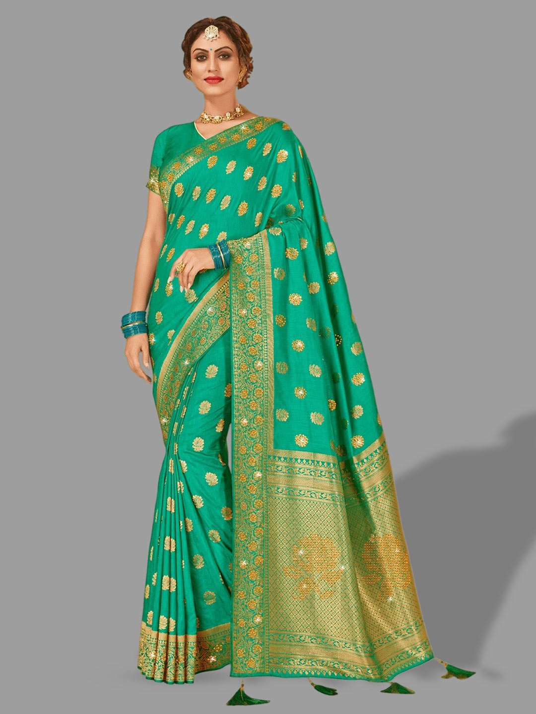 

HASRI Ethnic Motifs Woven Design Zari Pure Silk Banarasi Saree, Green
