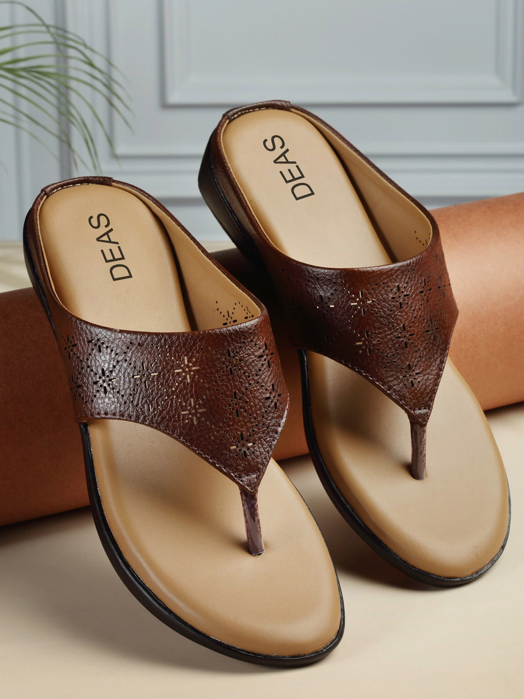 

DEAS Textured Leather Open Toe Flats With Laser Cuts, Coffee brown