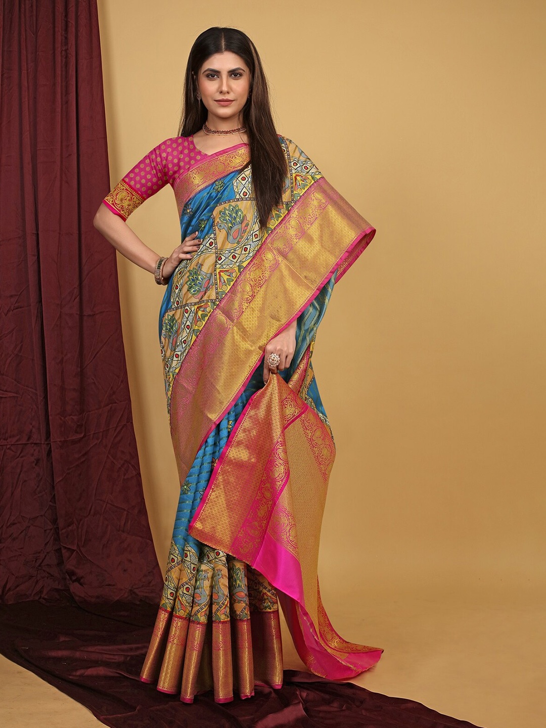 

AVANTIKA FASHION Ethnic Motifs Printed Zari Pure Silk Kanjeevaram Saree, Blue